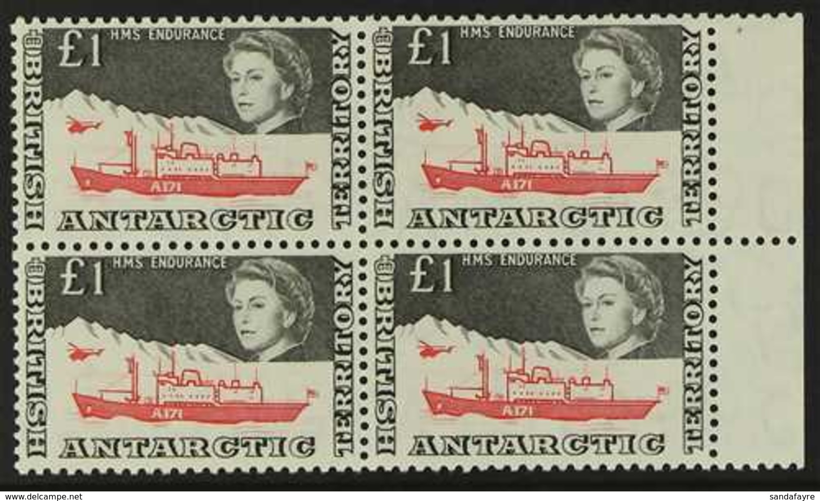 1963-69 BLOCK OF 4.  £1 Red & Brownish Black "HMS Endurance", SG 15a, Marginal BLOCK OF 4, Never Hinged Mint (4 Stamps)  - Sonstige & Ohne Zuordnung