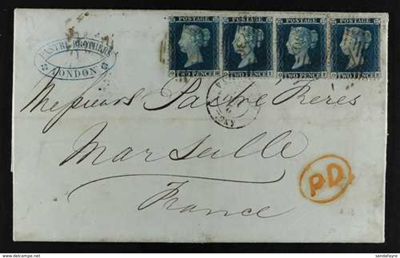 1855  (1 May) EL From London To Marseille Bearing A Very Fine Strip Of Four 1855 2d Blue Plate 4, Wmk Small Crown Perf 1 - Sonstige & Ohne Zuordnung