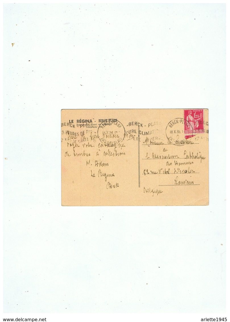 CARTE POSTALE  TIMBRE PAIX  N° 287 DEPART BERCK PLAGE  FRANCE Pour  LOUVAIN   BELGIQUE 1939 - 1921-1960: Modern Tijdperk