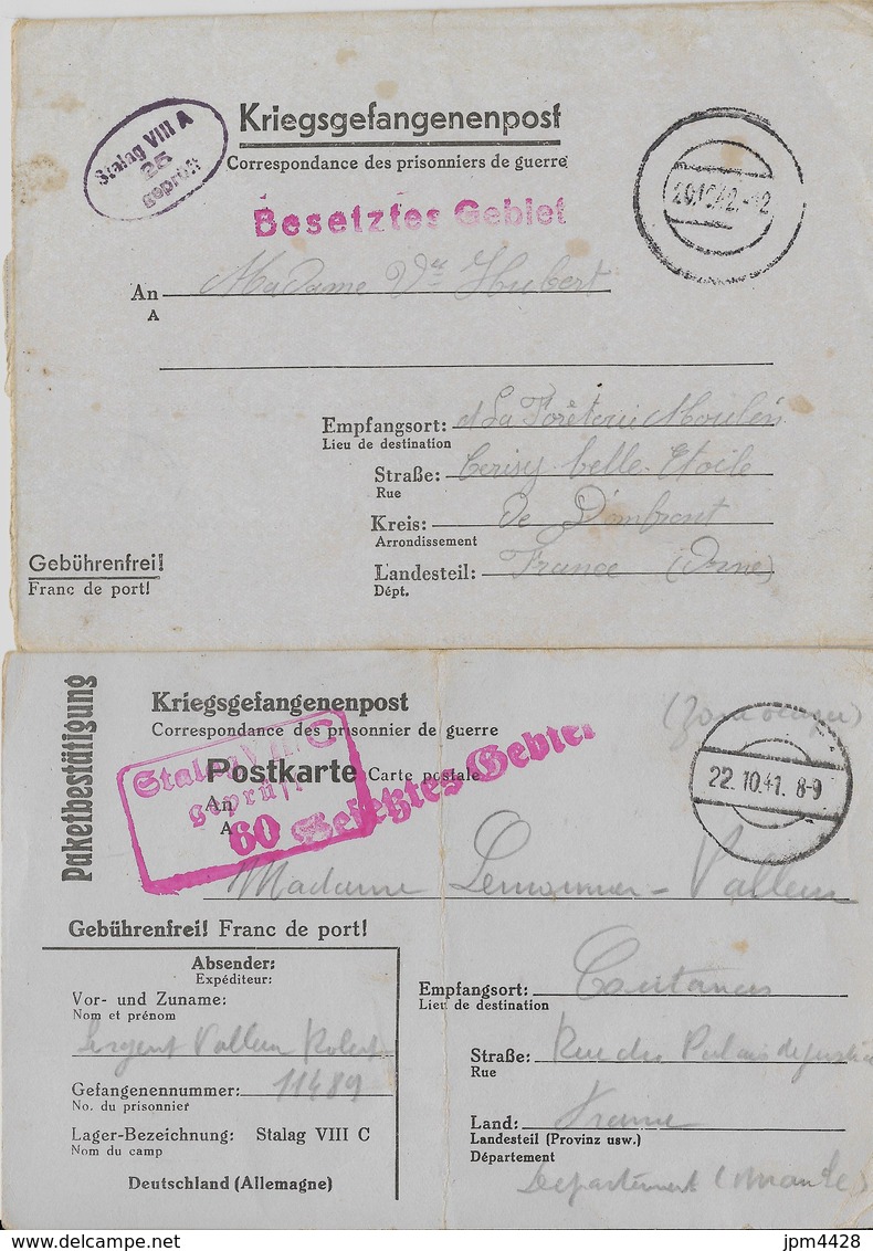 France - Courrier De Prionnier 6 Documents - Stalag VIII A  5 Plis Et VIII C 1 Pli. Années 1941 à 1942 - Guerre 39/45 - Sellos De Guerra