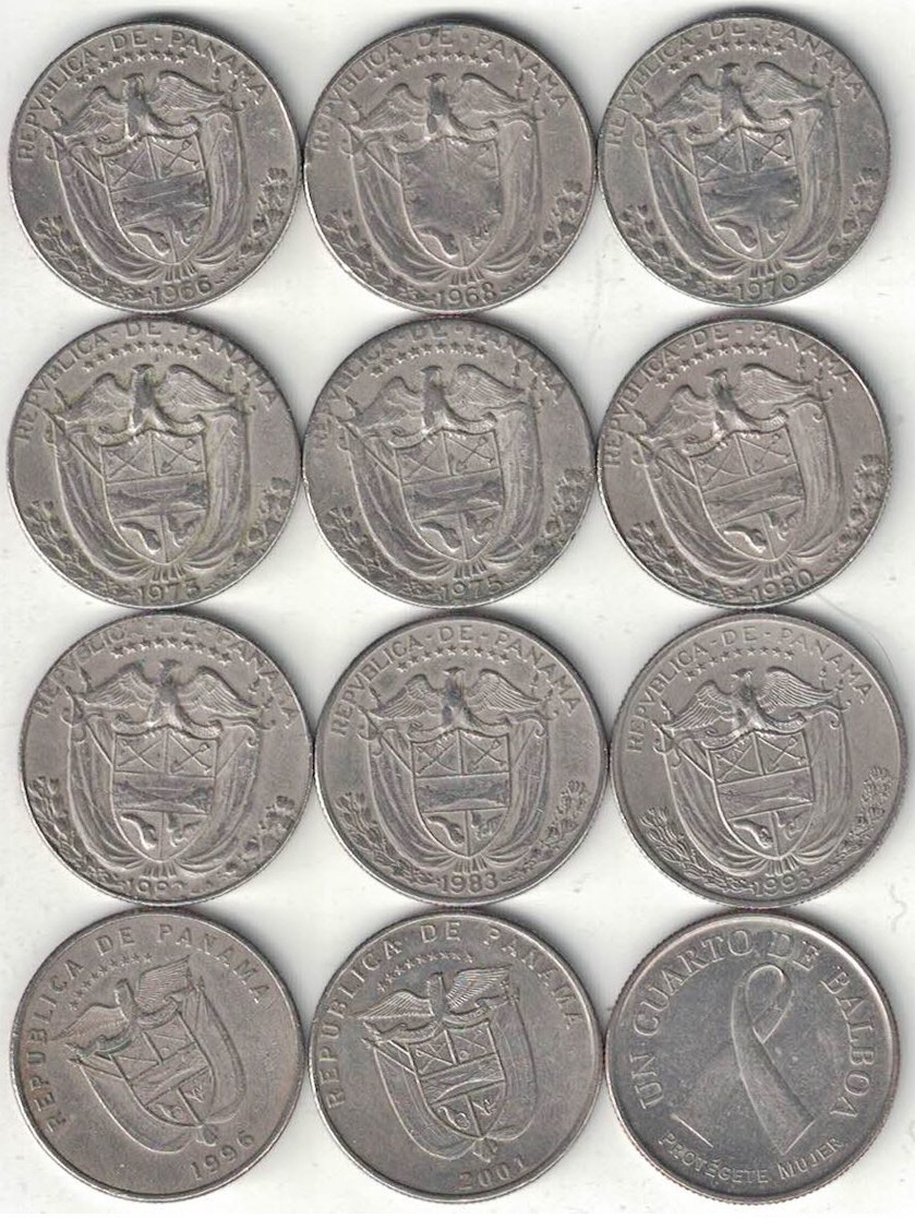 Panama Collection Of 12x 1/4 Balboa Coins 1966-2008 All Listed & Different - Panama