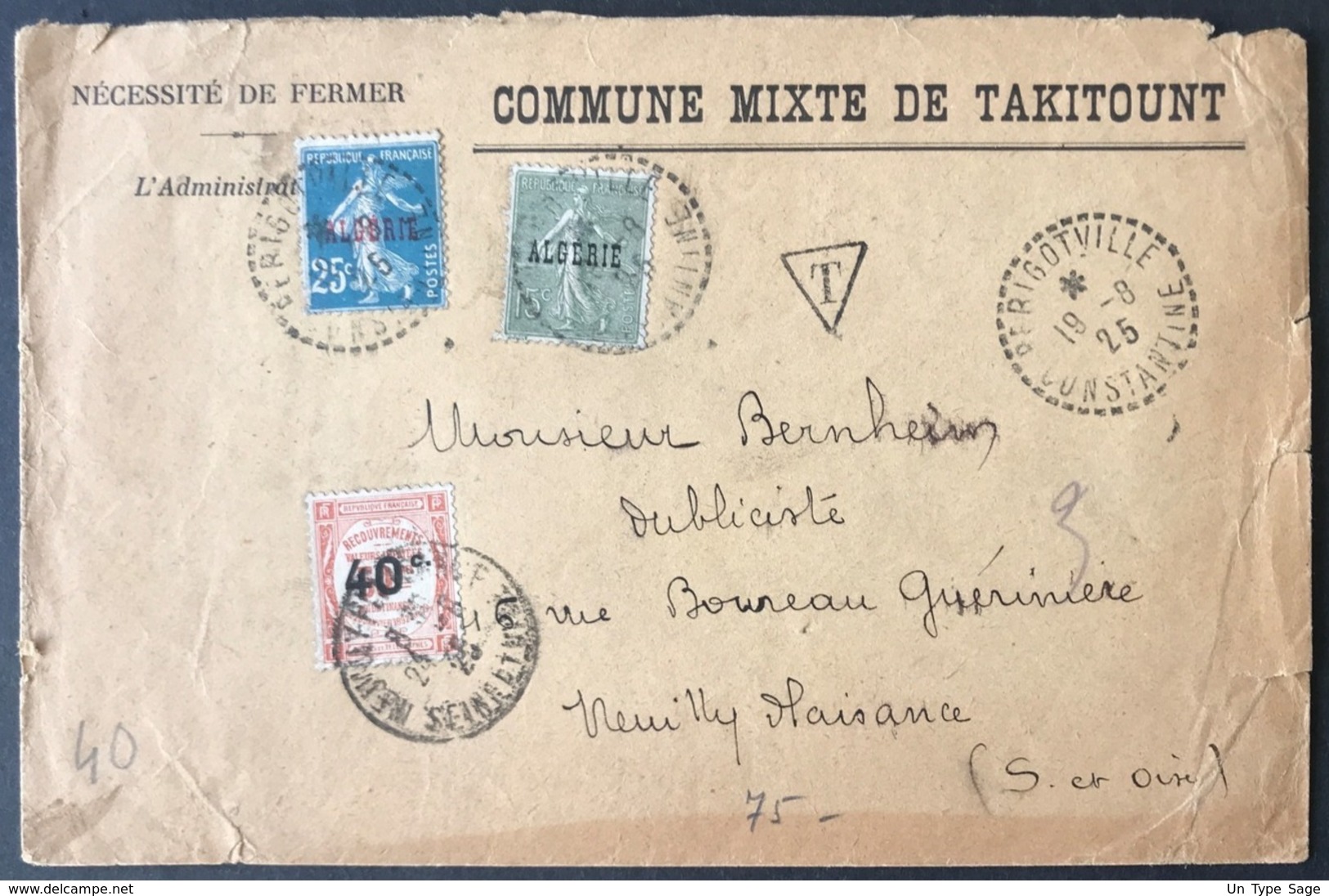 Algérie N°10 Et 14 Sur Lettre (TAKITOUNT), TAD (type B4) PERIGOTVILLE, Constantine 1925 - Taxe N°50 - (B1809) - Storia Postale