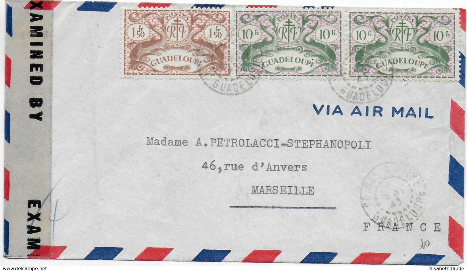 GUADELOUPE - 1945 - SERIE DE LONDRES - ENVELOPPE Par AVION Avec CENSURE De POINTE A PITRE => MARSEILLE - Storia Postale