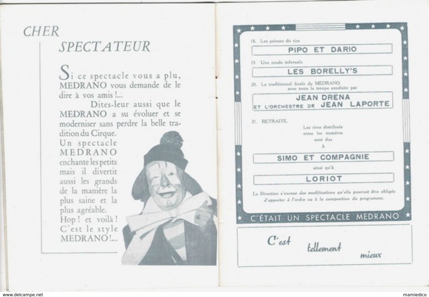 Cirque MEDRANO Programme Du 3 Au 30 Septembre 1954 + Son Supplément ( 47 Spectacles De Paris Du 22 Au 28 Sept 54) - Programmes