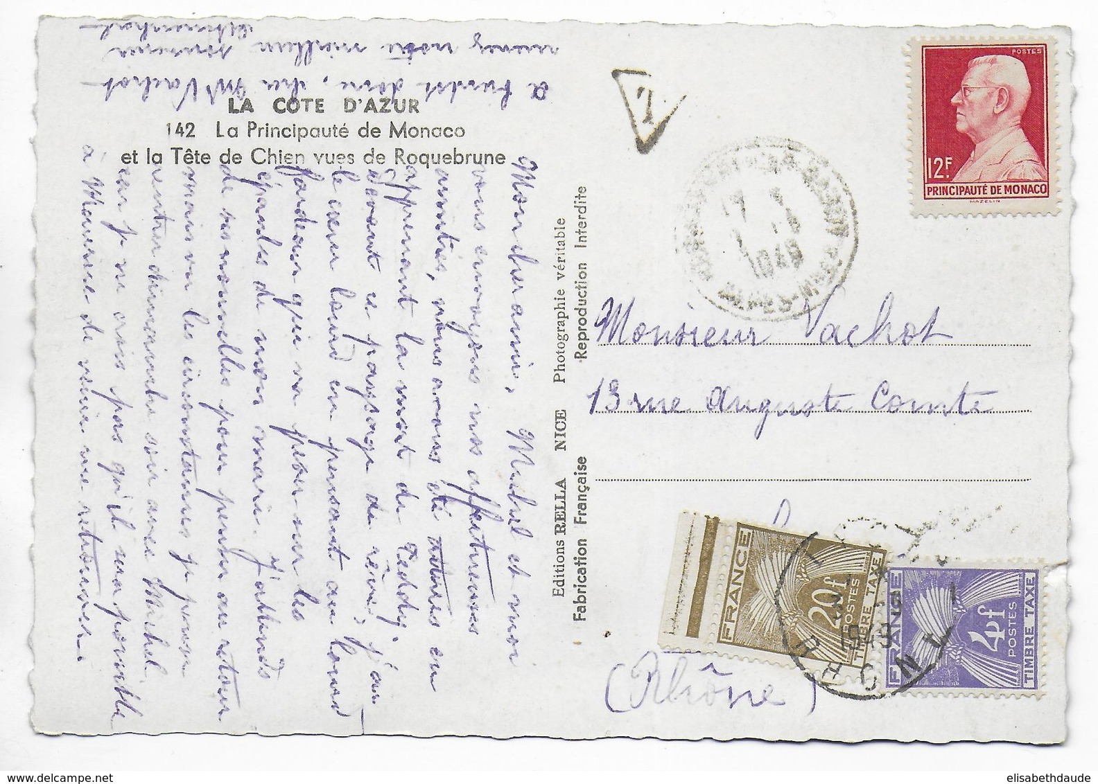 MONACO - 1949 - TIMBRE DE MONACO NON VALIDE UTILISE EN FRANCE => TAXE - CP De (ALPES MARITIMES) => LYON - Postmarks