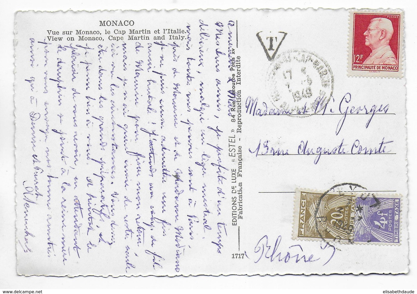 MONACO - 1949 - TIMBRE DE MONACO NON VALIDE UTILISE EN FRANCE => TAXE - CP De (ALPES MARITIMES) => LYON - Postmarks