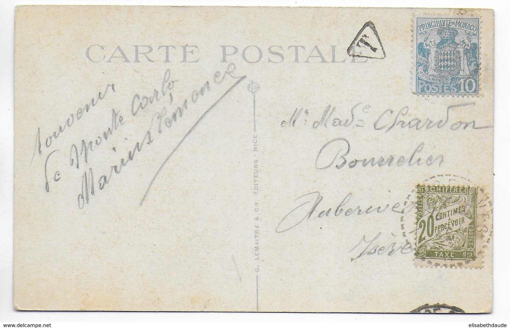 MONACO - 1925 - TIMBRE DE MONACO NON VALIDE UTILISE EN FRANCE => TAXE - CP => AUBERIVES - Postmarks