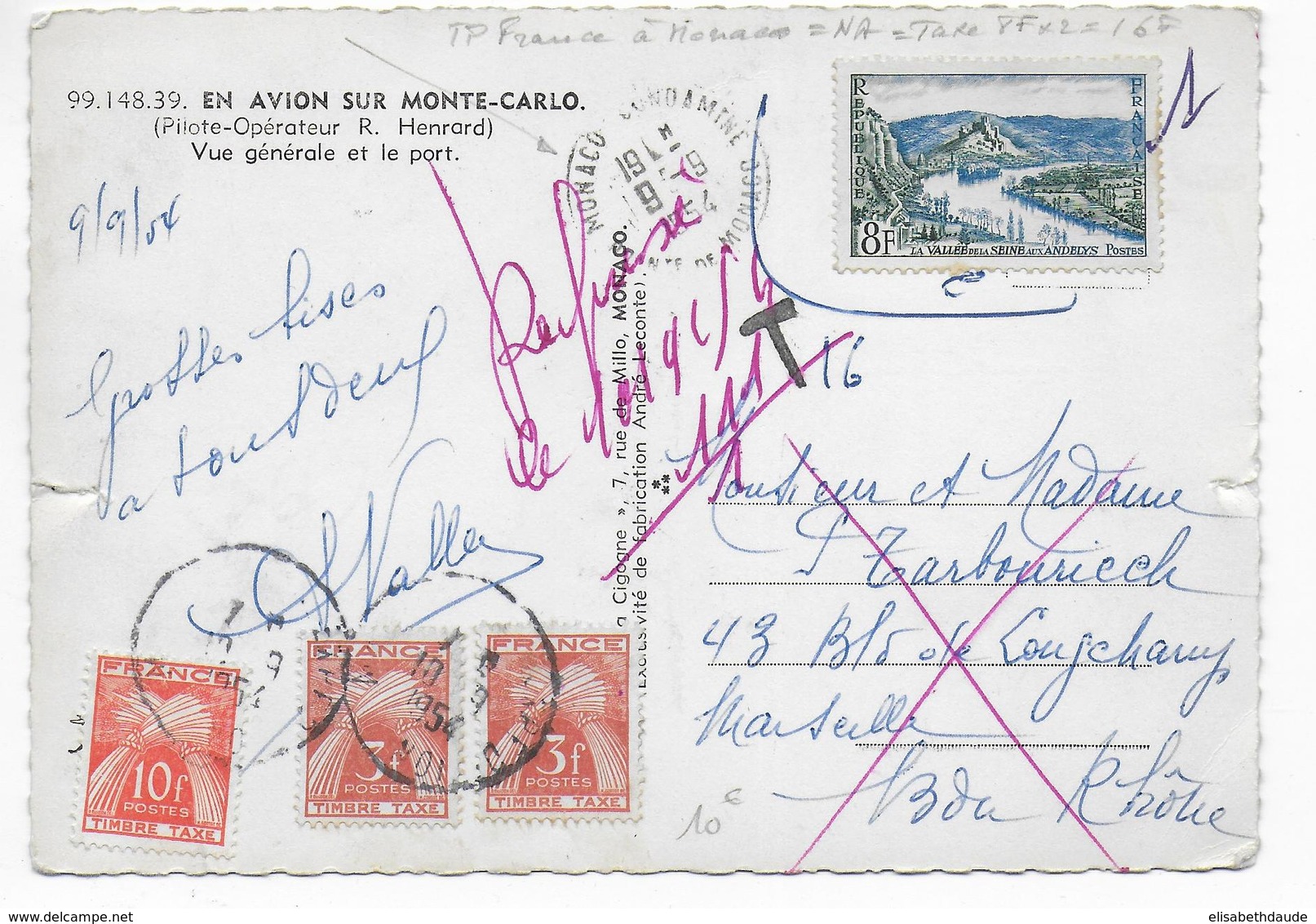 MONACO - 1954 - TIMBRE DE FRANCE NON VALIDE UTILISE à MONACO => TAXE - CP => MARSEILLE => REFUSE - Marcofilia