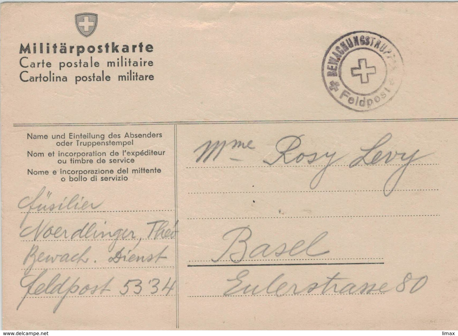 Militär-Postkarte Feldpost 5334 Bewachungstrupp 1941 - Nach Basel (Flüchtiges Glück) - Sonstige & Ohne Zuordnung