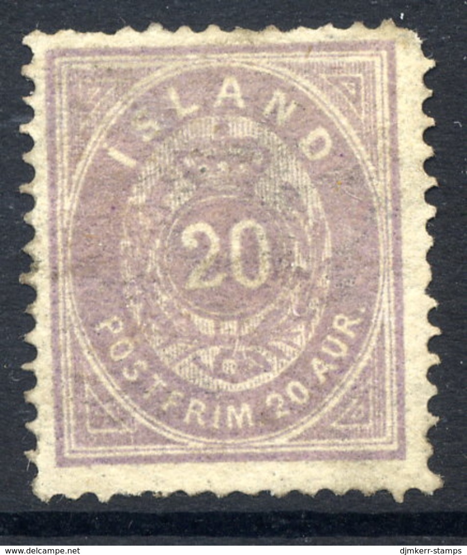 ICELAND 1876 20 Aurar Pale Lilac (blurred Printing) Perforated 14 X 13½ MH / *.  Michel 10A - Ungebraucht