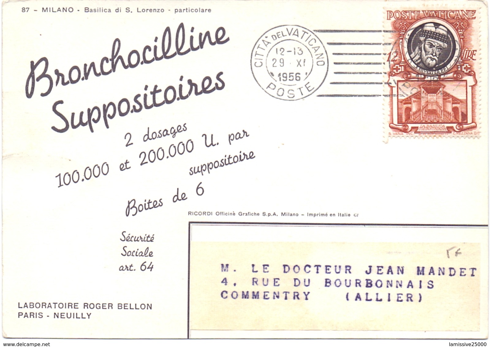 Carte Pub Medical Bronchocilline Laboratoir Roger Bellon Vatican - Cartas & Documentos