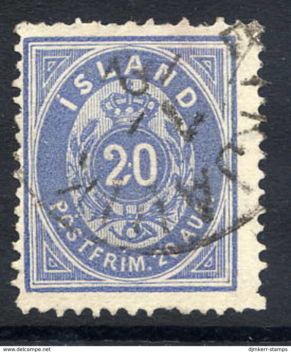 ICELAND 1882 20 Aurar Dull Ultramarine Perforated 14 X 13½ Used.  Facit 15a, Michel 14Ab, SG 22 Cat. £275. - Usados