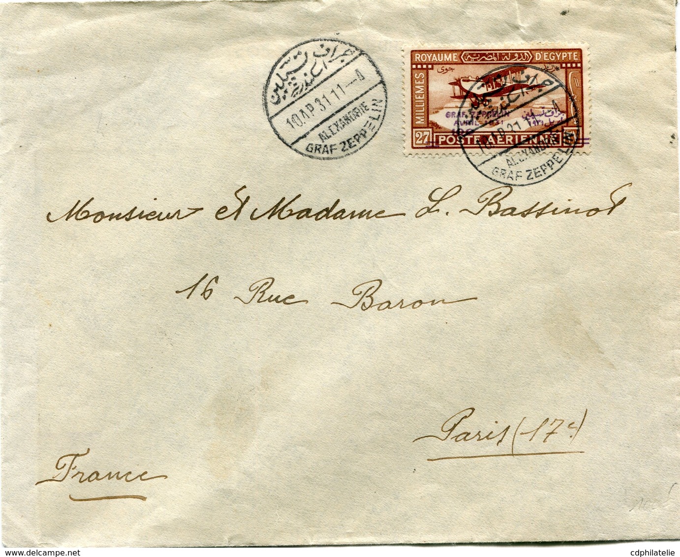 EGYPTE LETTRE DEPART ALEXANDRIE 10 AP 31 GRAF ZEPPELIN POUR LA FRANCE - Poste Aérienne