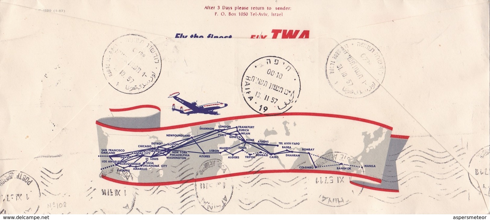 FIRST TWA JETSTREAN FLIGHT, LYDDA TO ATHENS GREECE. TRANS WORLD AIRLINES. ISRAEL YEAR 1957 SPC ENVELOPE-LILHU - Aéreo