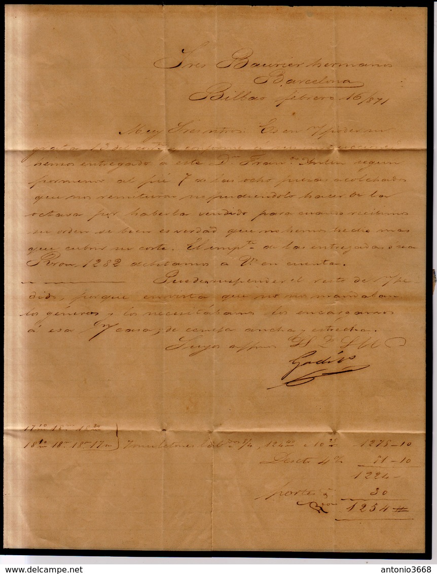 Año 1870 Edifil 107 50m Sellos Efigie Carta  Matasellos Rejilla Cifra 20 Bilbao Membrete Godo Hermanos - Brieven En Documenten