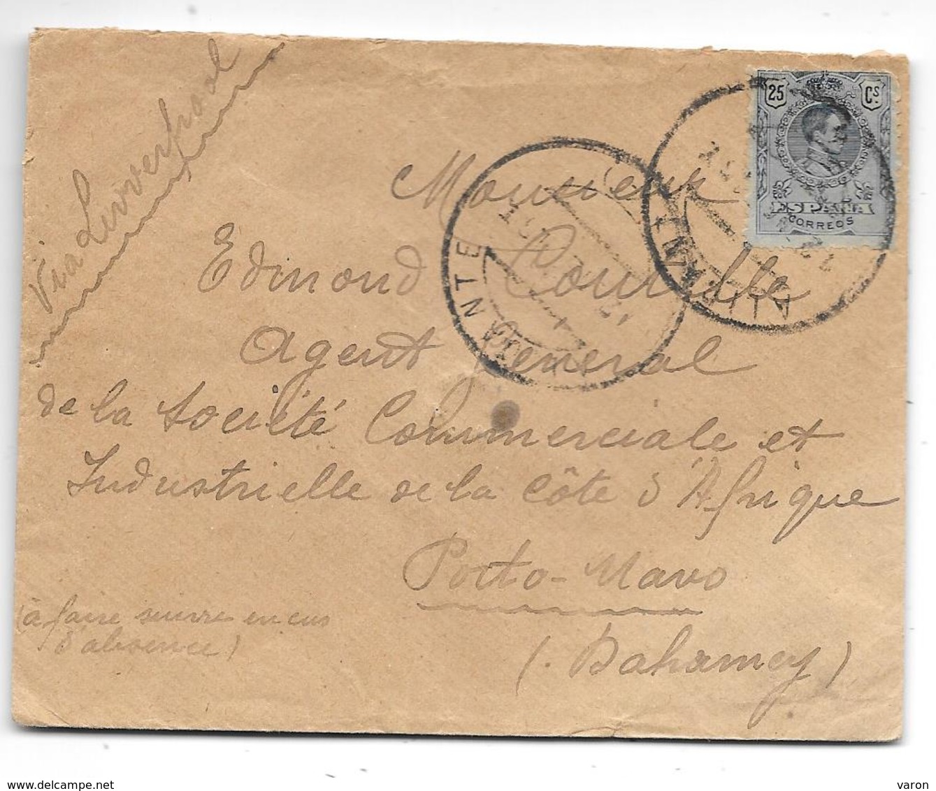 1889/1931 Enveloppe Scellée Expédiée D'ALICANTE Pour PORTO-NOVO (Dahomey) VIA LIVERPOOL (Gde Bretagne) Cachet London(F79 - Cartas & Documentos