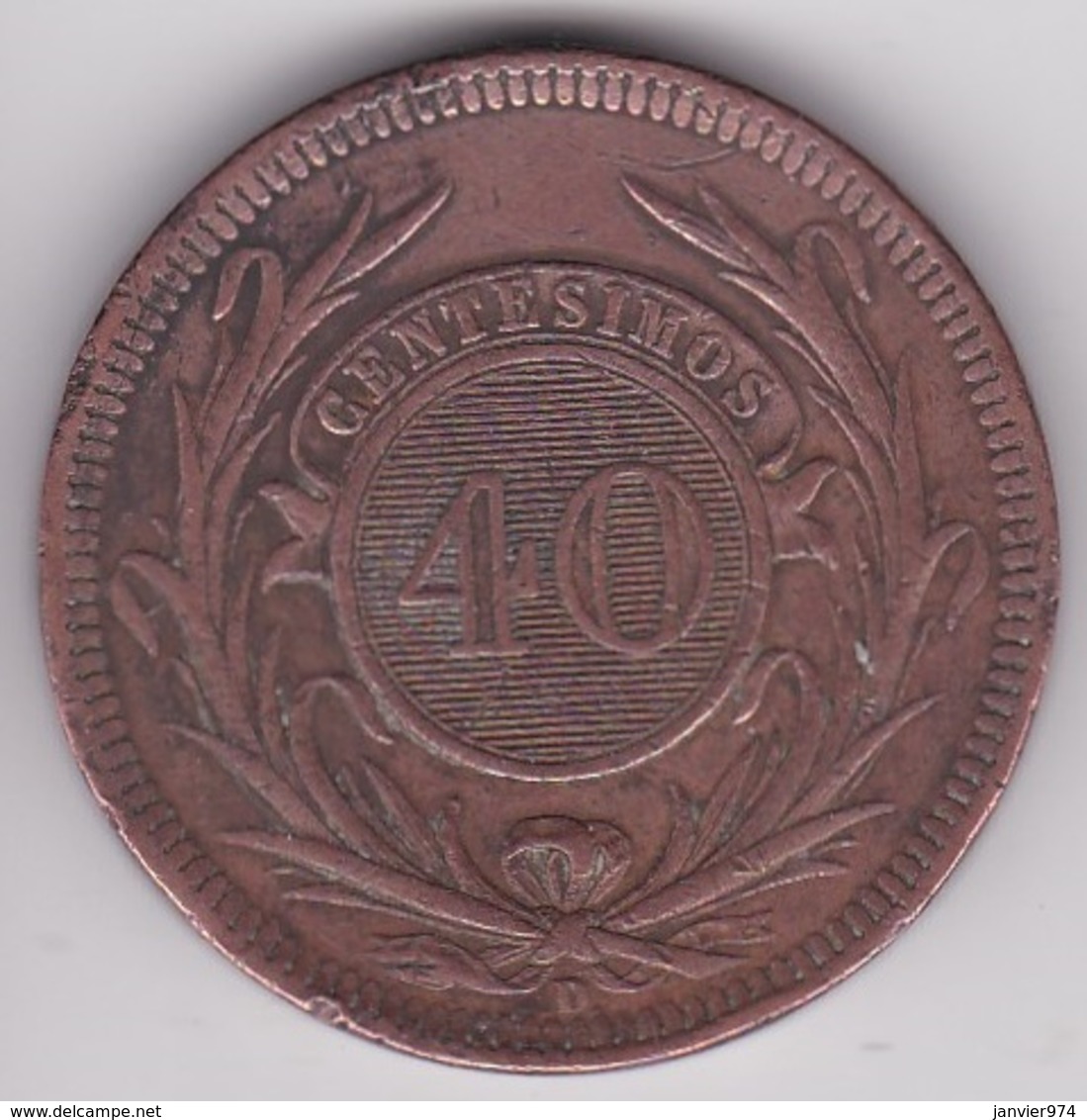 REPUBLICA ORIENTAL DEL URUGUAY. 40 CENTESIMOS 1857 D. KM# 10 - Uruguay