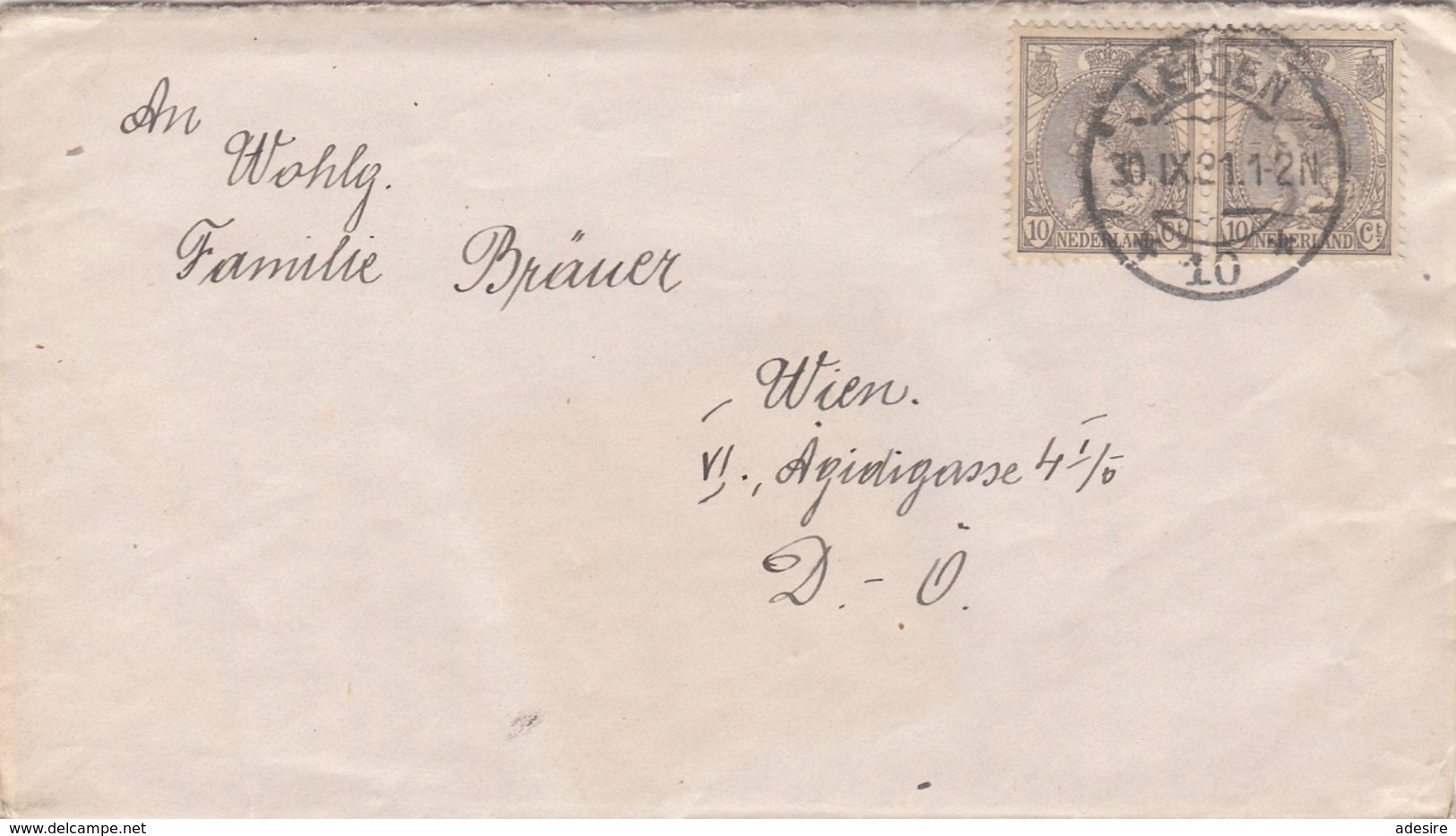 V1 - Nederland 1921 - 2 X 10 C Auf Brief Mit Inhalt, Gel.v. Leiden > Wien VI, D.Ö. - Briefe U. Dokumente