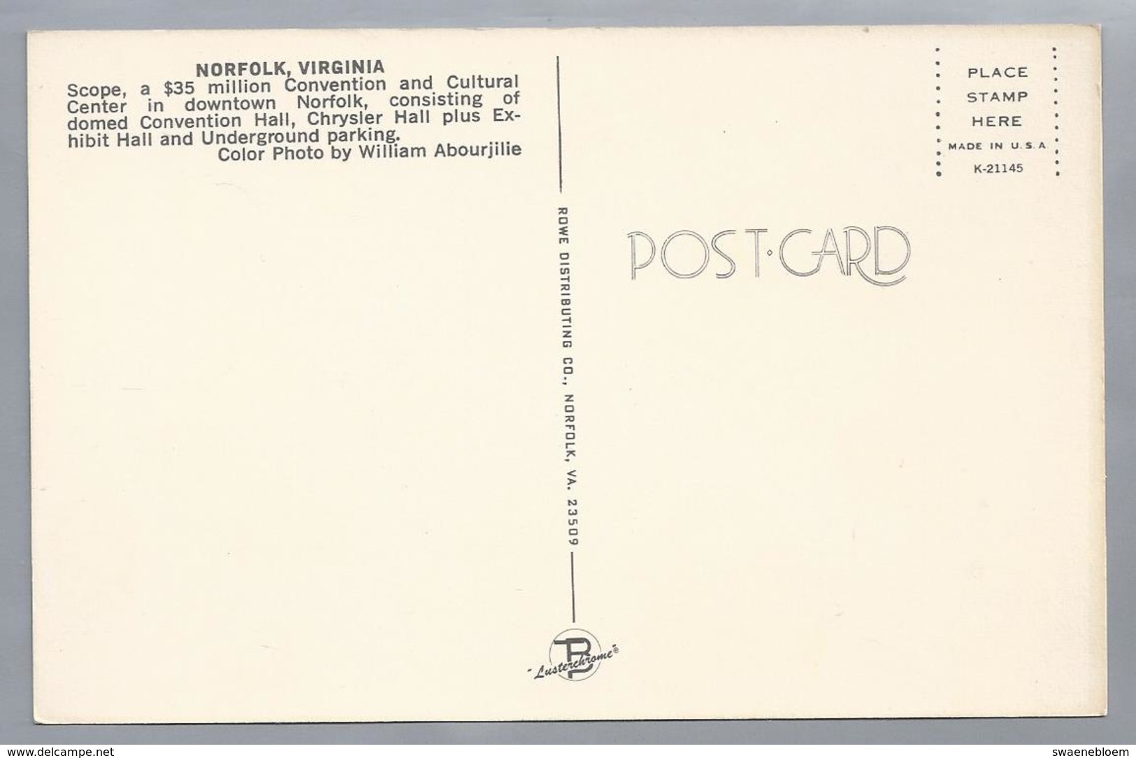 US.- NORFOLK, VIRGINIA. CONVENTION AND CULTURAL CENTER. CONVENTION HALL, CHRYSLER HALL, EXHIBIT HALL. Ongelopen. - Norfolk