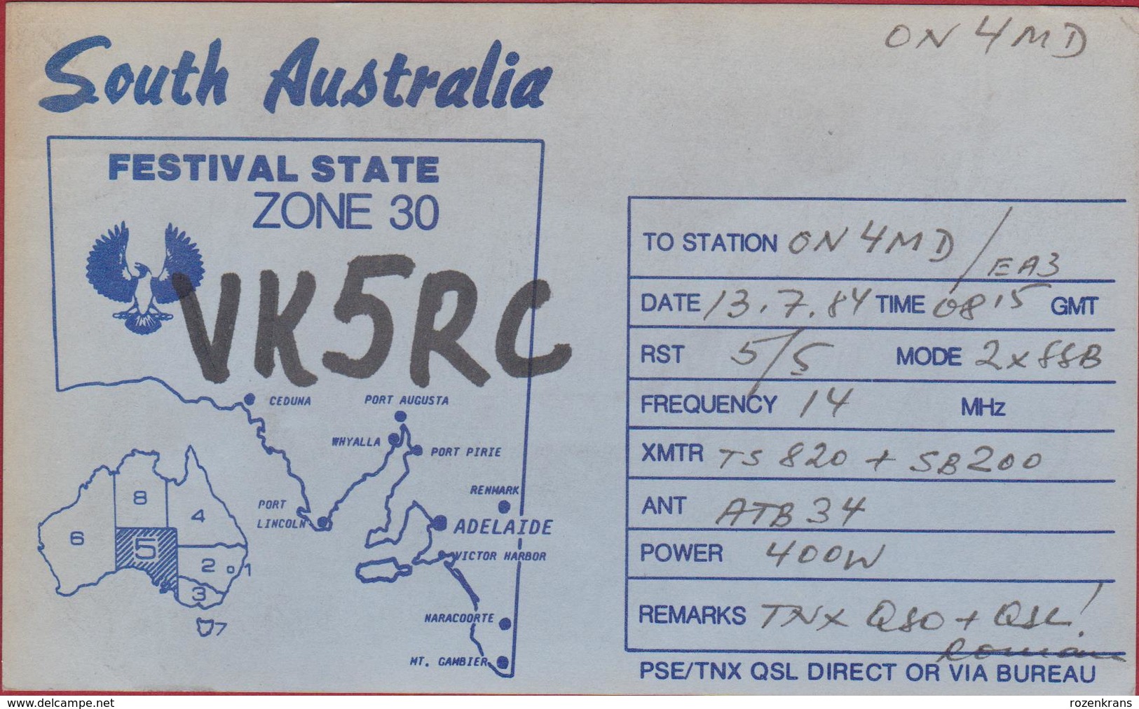 QSL Card Amateur Radio Funkkarte 1984 South Australia Australie Festival State Adelaide - Amateurfunk