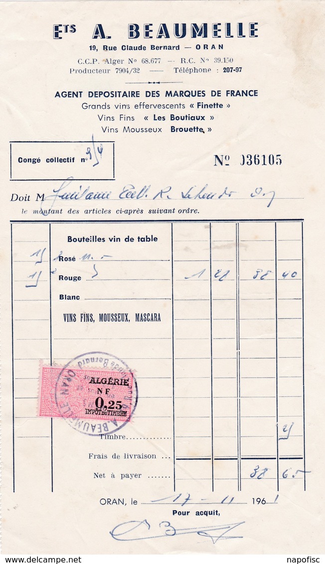 Timbre Fiscal Série Unifiée 0.25 NF Sur Facture  A.Beaumelle ..Oran 1961 - Other & Unclassified