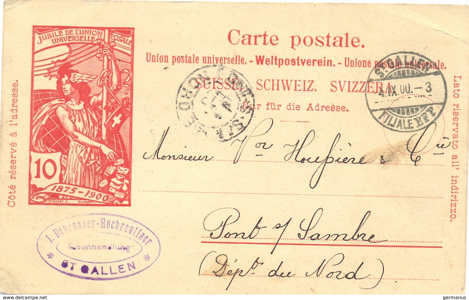 SUISSE ENTIER POSTAL CARTE JUBILÉ DE L’UNION POSTALE UNIVERSELLE 1875-1900 TàD ST GALLEN 4.IX.00 - Entiers Postaux