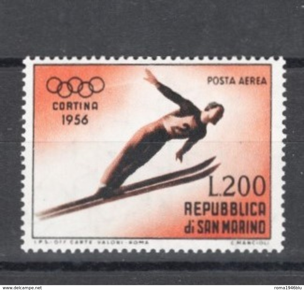 SAN MARINO 1956 GIOCHI OLIMPICI INVERNALI POSTA AEREA 200 LIRE ** MNH - Posta Aerea