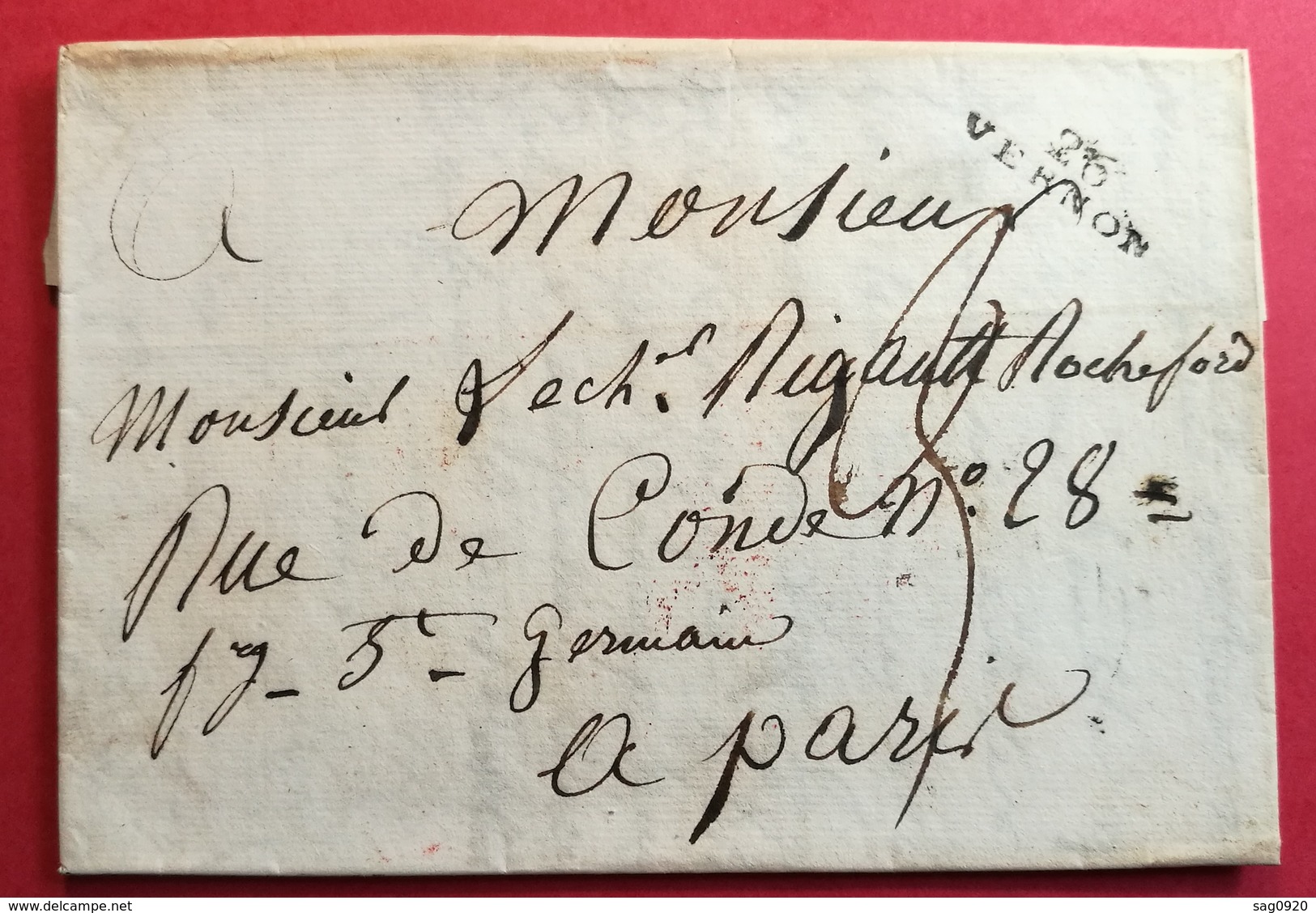 Eure-Lettre Avec Marque Linéaire 26 VERNON (24*7)- Pour Paris - 1801-1848: Précurseurs XIX