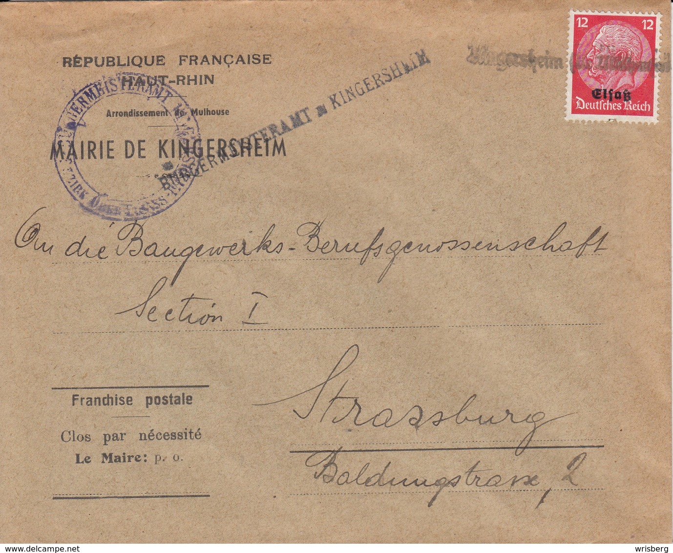 Env Affr Michel Elsass 7 Obl Kingersheim (Kr Mülhausen Els) Adressée à Strassburg - Lettres & Documents
