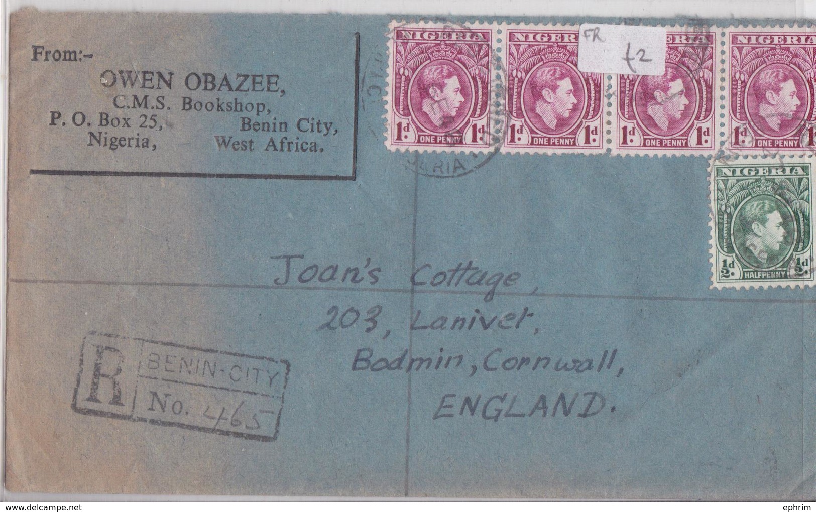 Benin City Bookshop Owen Obazee British Nigeria Registered Air Mail Cover 27.09.1948 To Bodmin Cornwall Uk - Nigeria (...-1960)