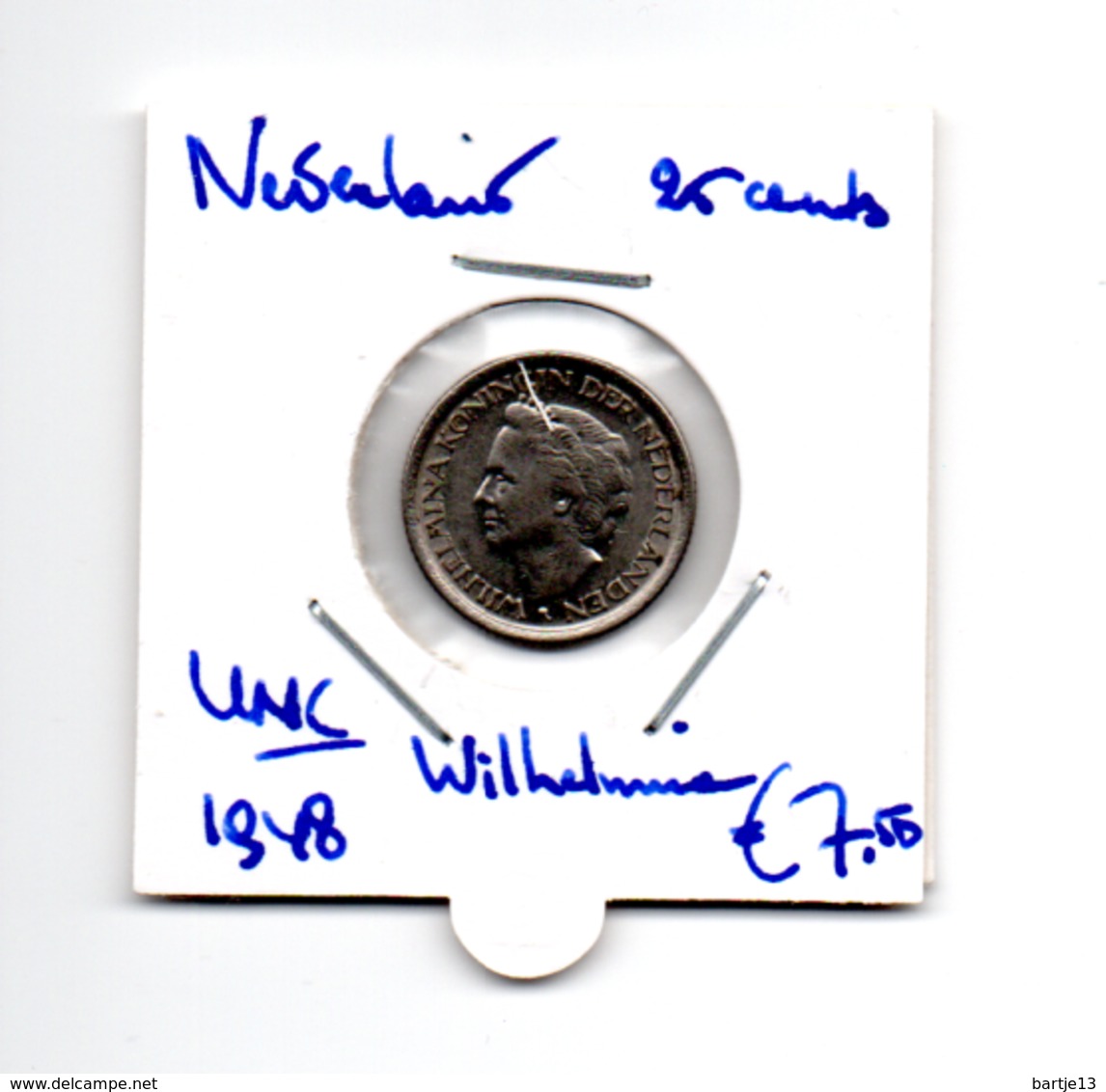 NEDERLAND 25 CENT 1948 WILHELMINA UNCIRCULATED - 25 Cent