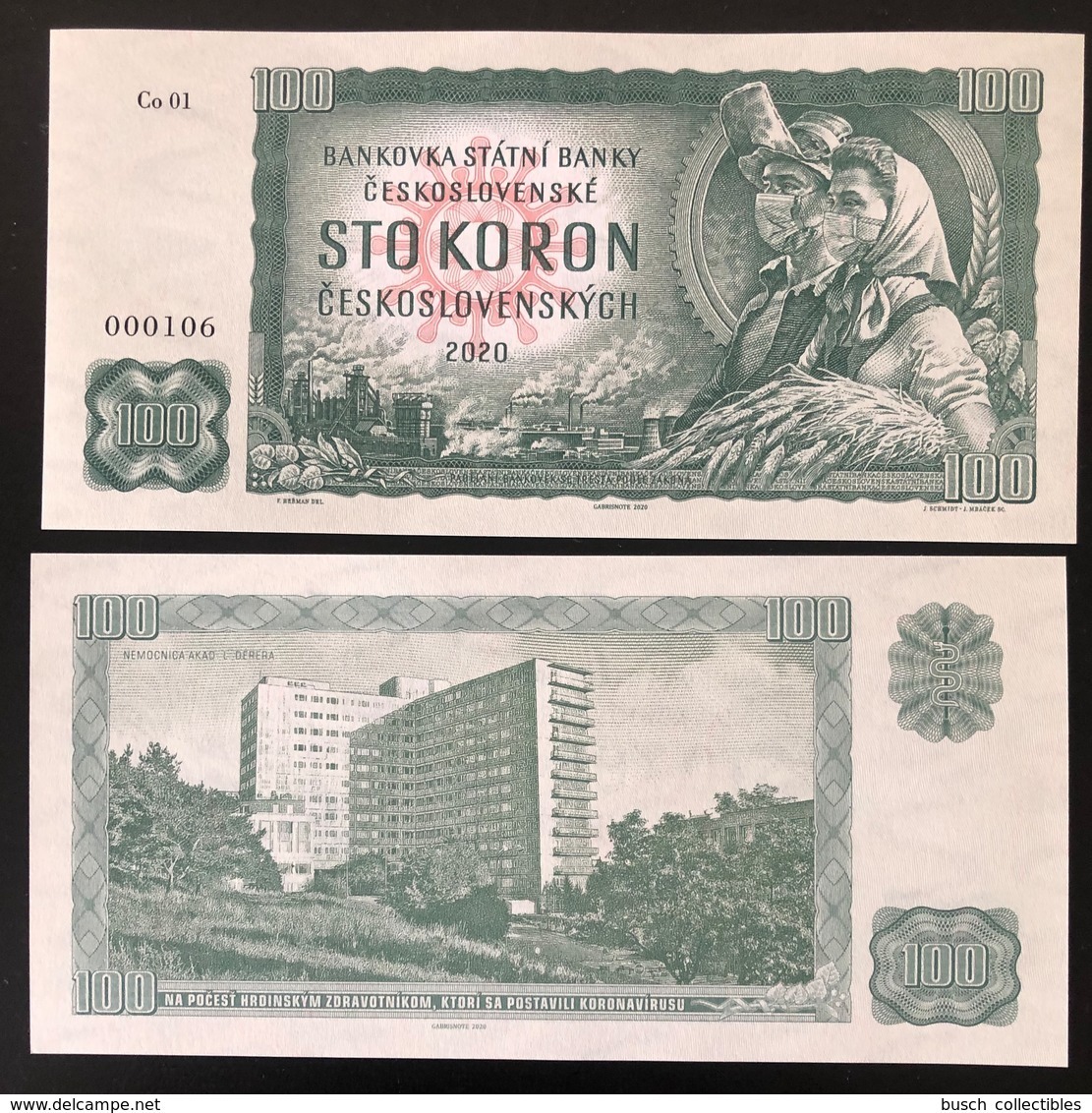 2020 Matej Gabris 100 Koron COVID 19 Coronavirus Mask Czechoslovakia UNC SPECIMEN ESSAY Tirage Limité - Specimen