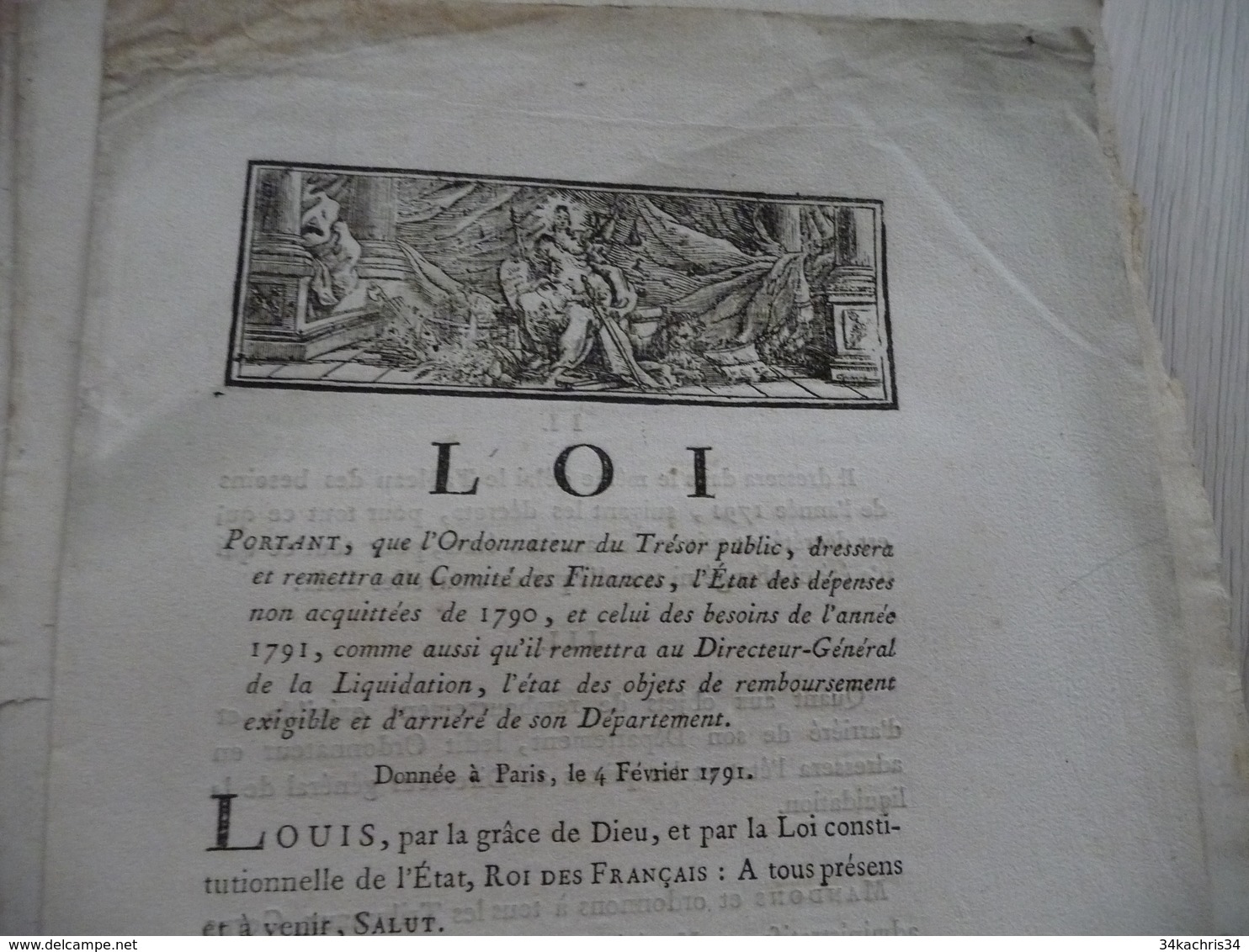 Loi Révolution 04/02/1791 Remise état Ds Finances Et Dépenses De 1791 - Gesetze & Erlasse