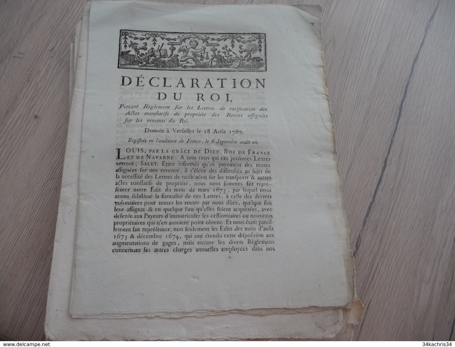 Déclaration Du Roi 28/08/1787 Règlement Lettres Ratification Actes Propriétés - Decrees & Laws