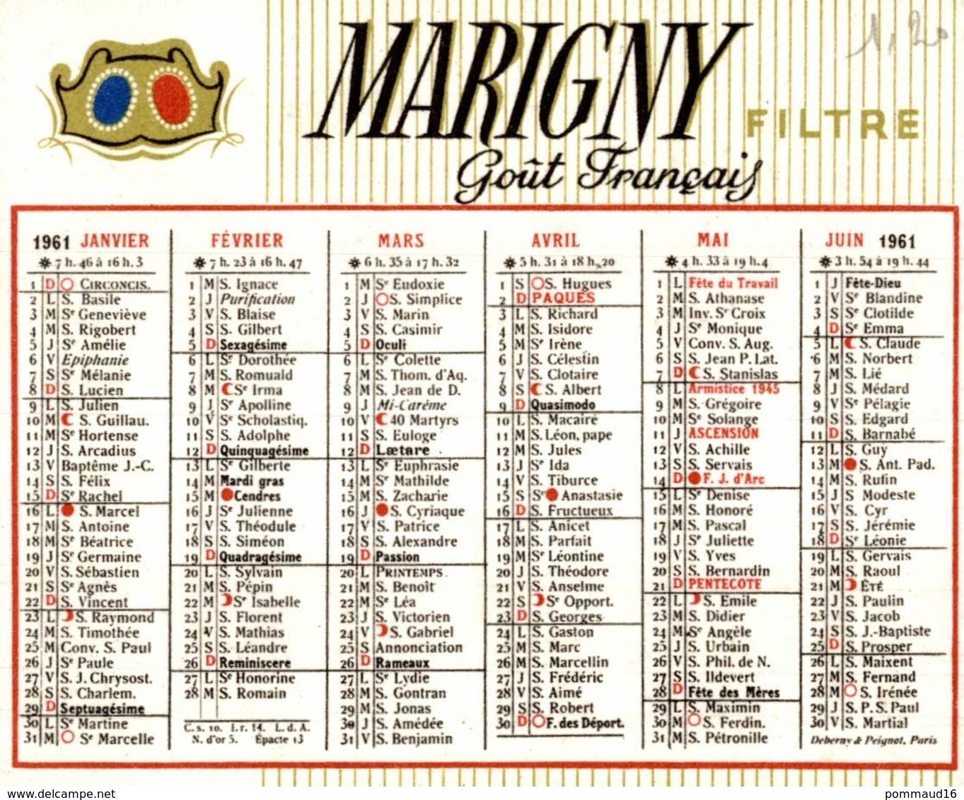 Calendrier 1961 Marigny Filtre Goût Français - Tamaño Pequeño : 1961-70