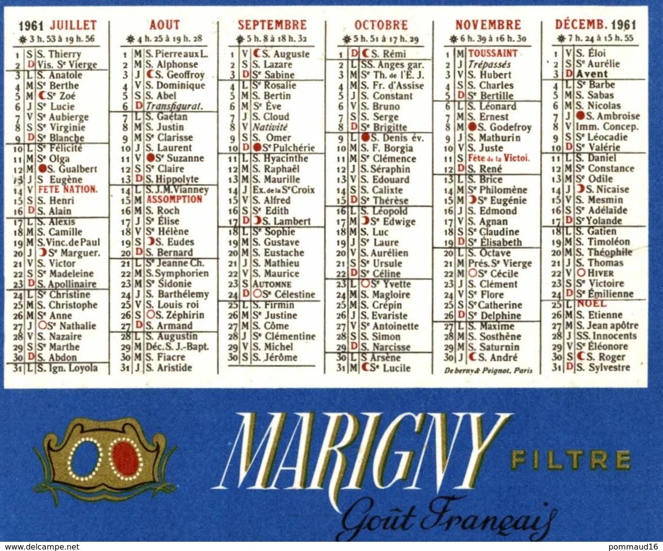 Calendrier 1961 Marigny Filtre Goût Français - Tamaño Pequeño : 1961-70