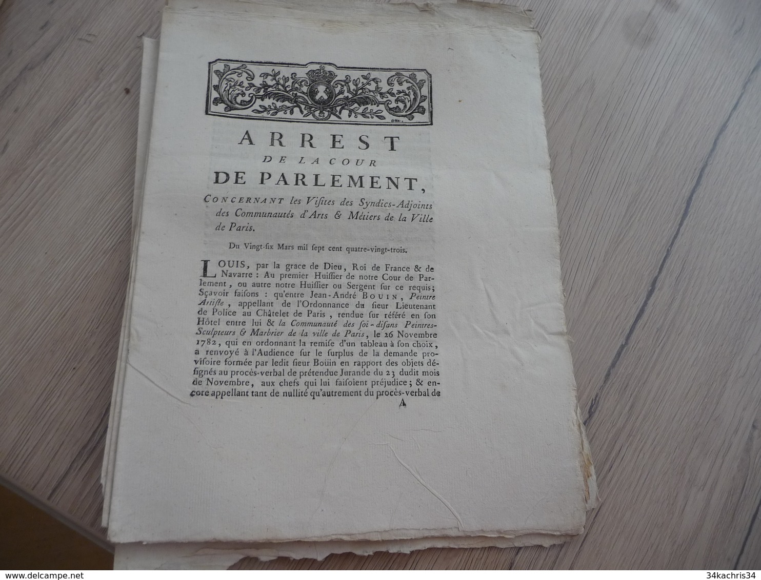 Arrest Cour Du Parlement 26/03/1783 Visites Des Syndics Adjoints Des Communautés Arts Et Métiers Paris - Gesetze & Erlasse