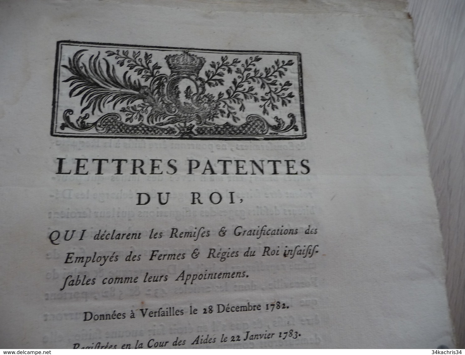 Lettres Patentes Du Roi 28/12/1782 Remises Gratifications Des Fermes Et Régies Du Roi - Decrees & Laws