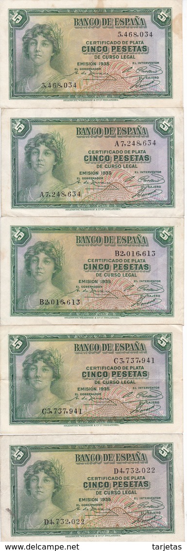 LOTE DE 5 BILLETES DE 5 PTAS DEL AÑO 1935 TODAS SERIES DISTINTAS (SS-A-B-C-D) (BANKNOTE) - 5 Pesetas