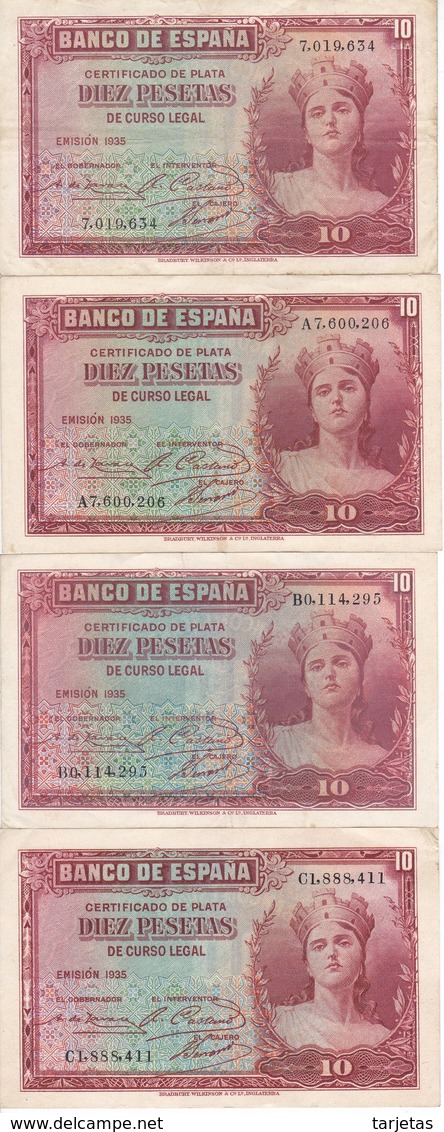 LOTE DE 4 BILLETE DE ESPAÑA DE 10 PTAS DEL AÑO 1935 TODAS LAS SERIES DISTINTAS( SS-A-B-C) - 10 Pesetas