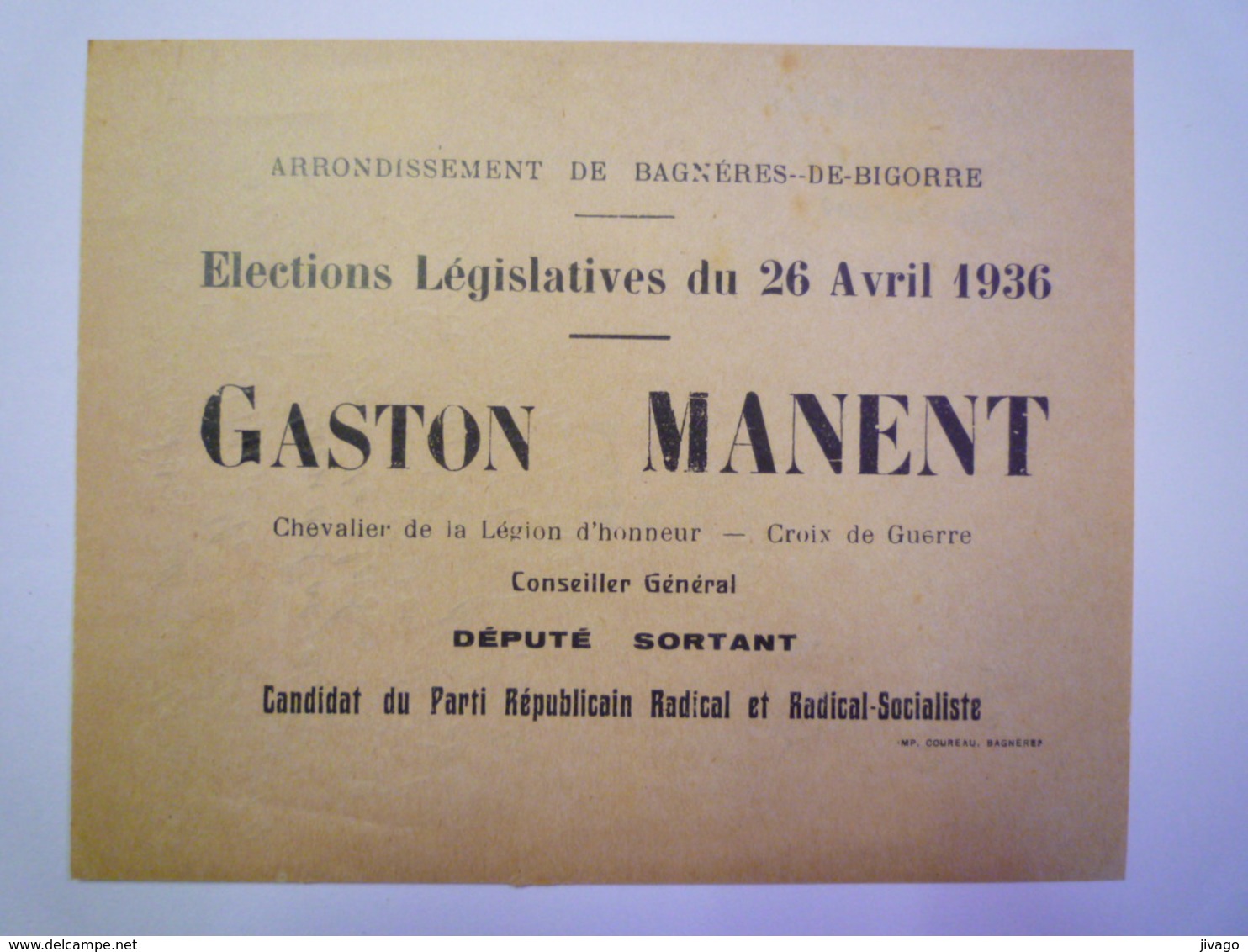 2020 - 5648  BAGNERES-de-BIGORRE  (H-P)  :  Bulletin De VOTE  "Gaston MANENT"  Elections Législatives  1936  XXX - Non Classés