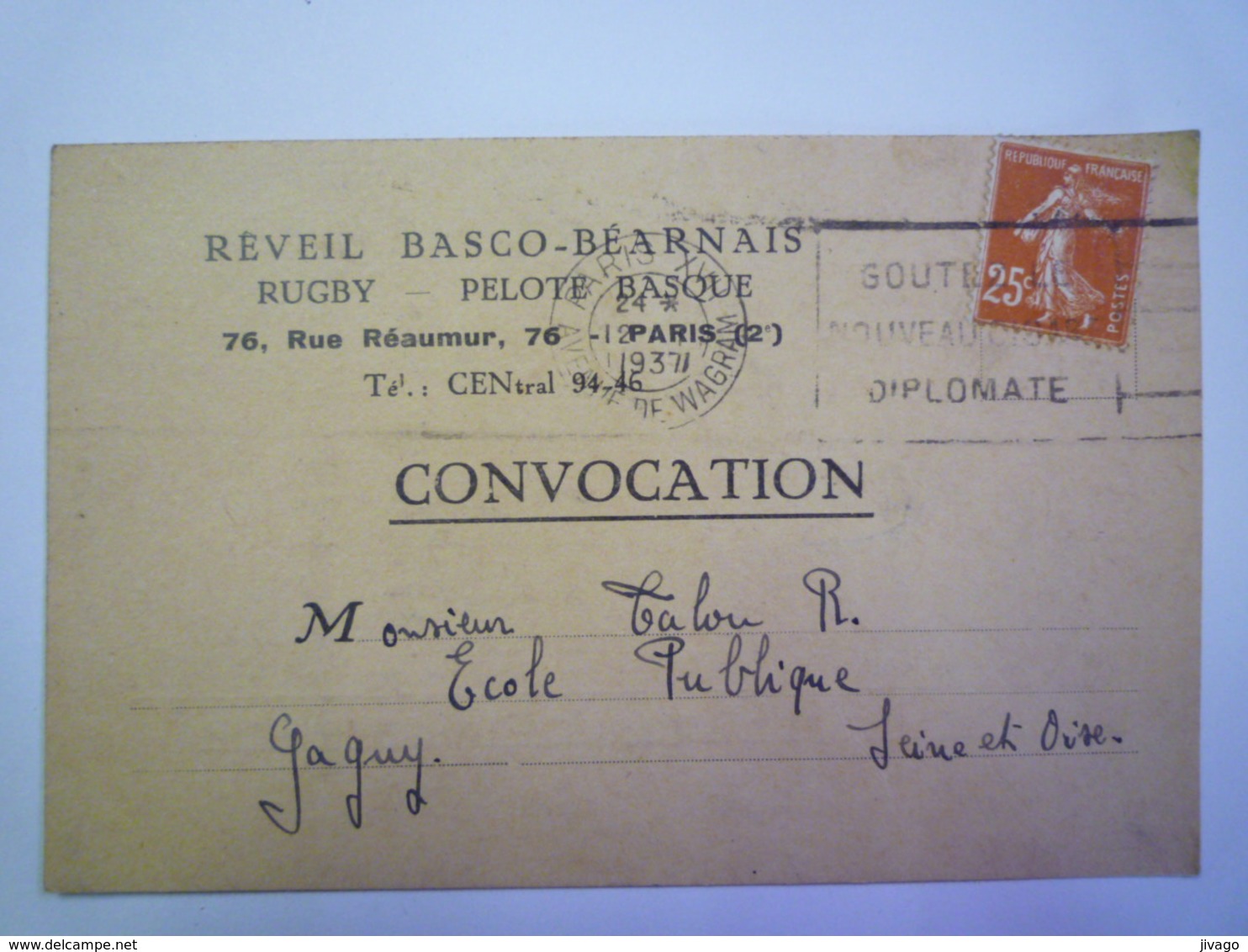 2020 - 5650  RUGBY  :  REVEIL BASCO BEARNAIS  :  CONVOCATION Commission De RUGBY  1937  XXX - Rugby