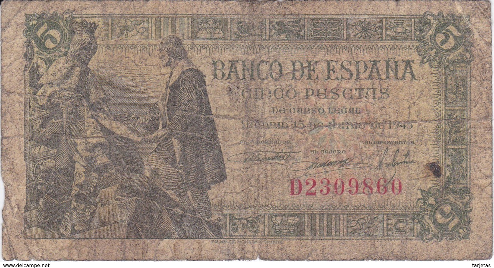 BILLETE DE ESPAÑA DE 5 PTAS DEL 15/06/1945 SERIE D CALIDAD RC  (BANKNOTE) - 5 Pesetas