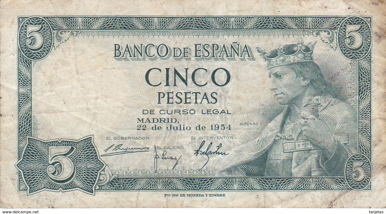 BILLETE DE 5 PTAS DEL AÑO 1954 DE ALFONSO X SIN SERIE  (BANKNOTE) - 5 Pesetas