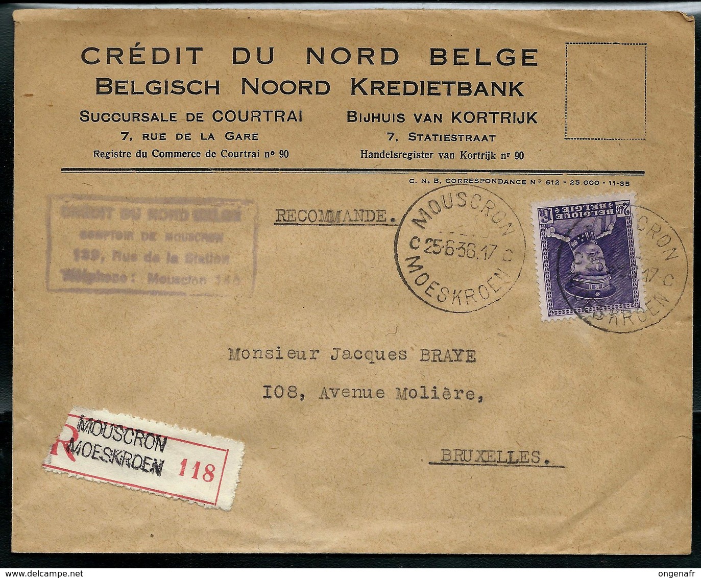 Doc. De MOUSCRON - C  C -  MOESKROEN  25/06/1936  (type Képi N° 322) En Rec. - Landelijks Post