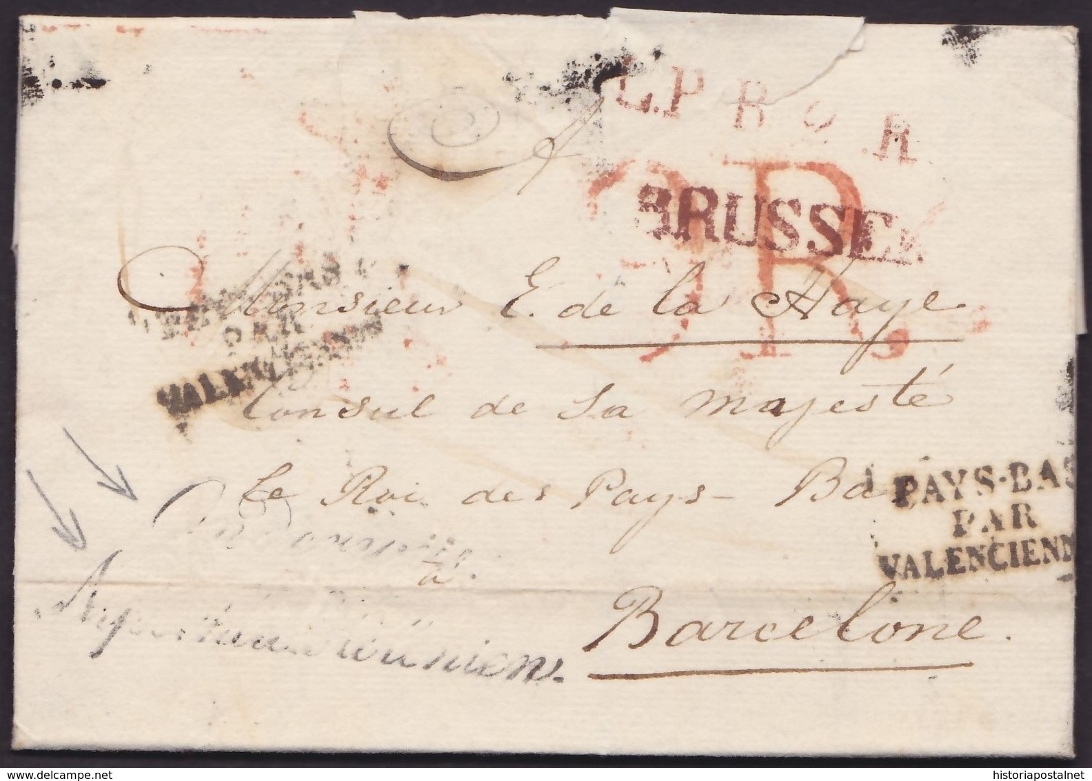 1823. CONSULAR MAIL. BRUSELAS A BARCELONA. MARCA BRUSSEL Y OTRAS DE INTERCAMBIO. FRANQUICIA. MUY INTERESANTE. - Sonstige & Ohne Zuordnung