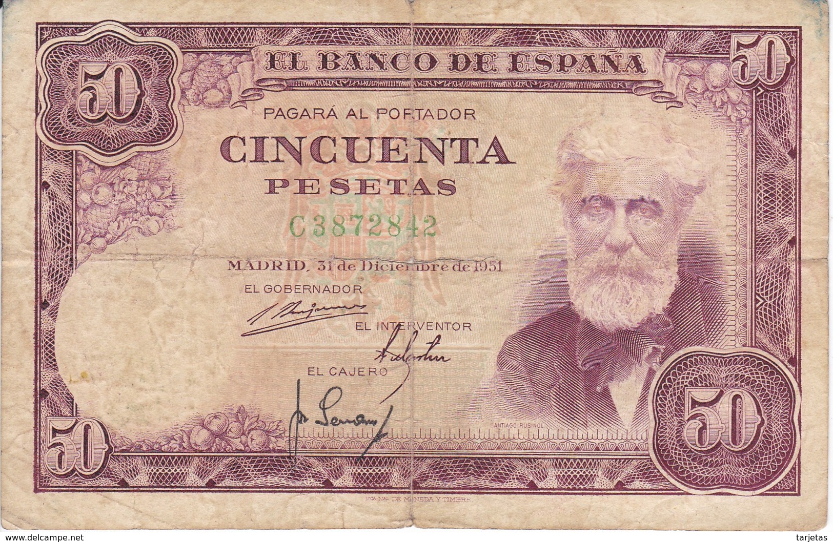 BILLETE DE ESPAÑA DE 50 PTAS DEL 31/12/1951 SERIE C  (BANKNOTE) - 50 Pesetas