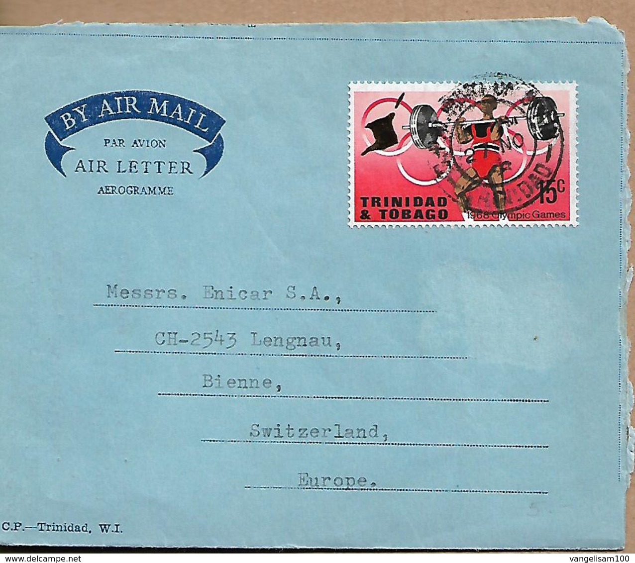 TRINIDAD & TOBAGO 1968 AEROGRAMME Sent To Bienne 1 Stamp AEROGRAMME USED - Trinité & Tobago (1962-...)