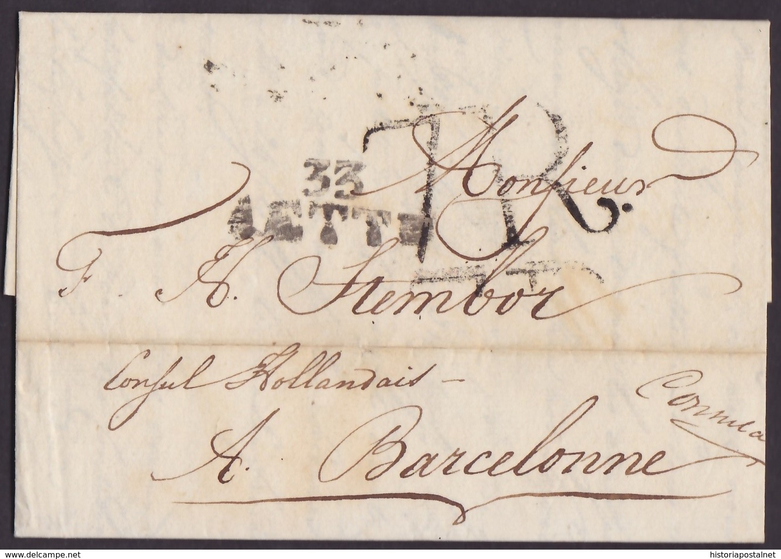 1815. CONSULAR MAIL. CETTE A BARCELONA. MARCA 33/CETTE Y PORTEO 7R REALES. INTERESANTE Y EXTENSO CORREO CONSULAR. - 1801-1848: Précurseurs XIX