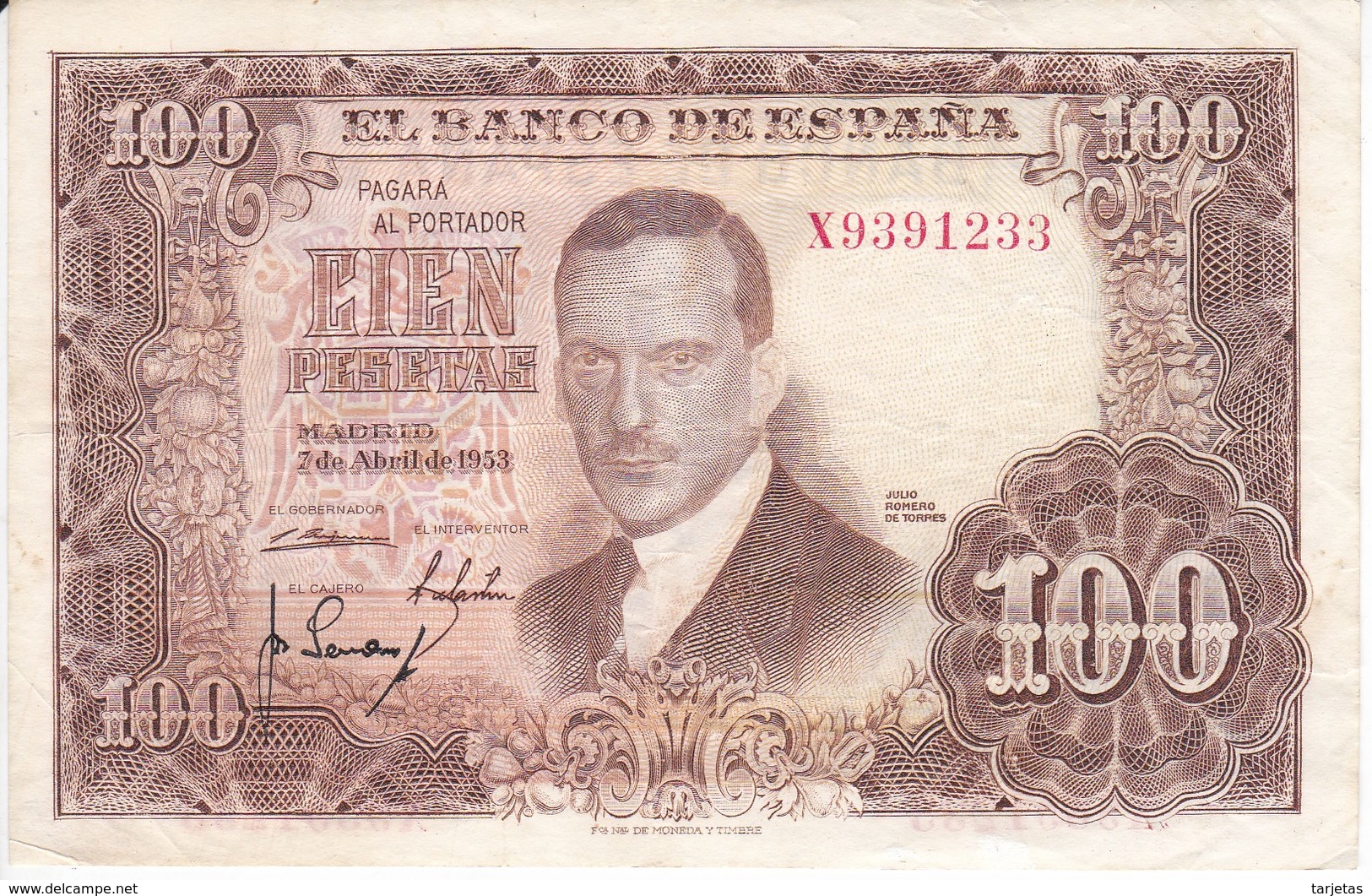 BILLETE DE ESPAÑA DE 100 PTAS DEL 7/04/1953 SERIE X  (BANKNOTE) - 100 Pesetas